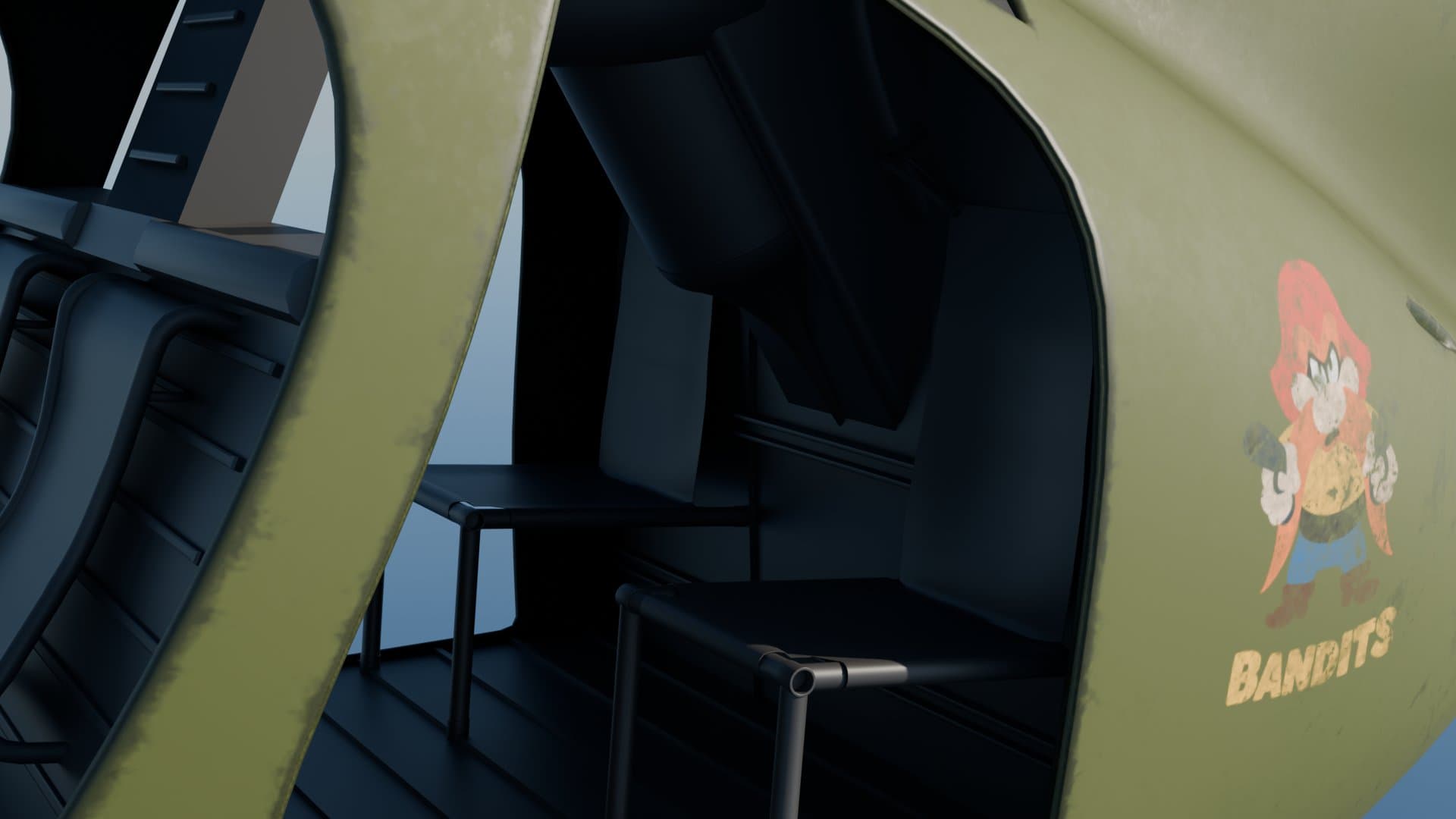 Rear view of the OH-6 Cayuse cabin in the Bandits livery