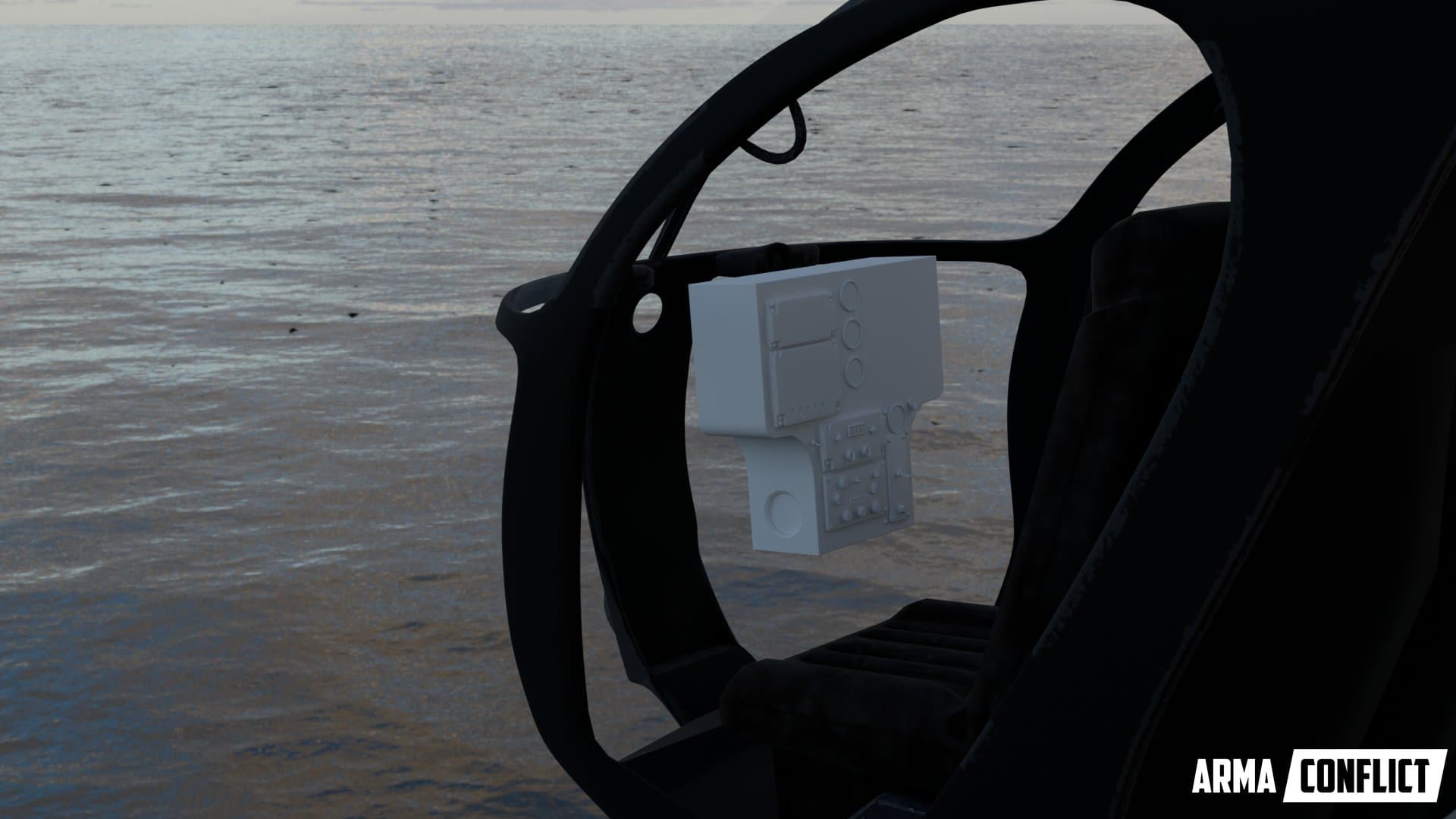 OH-6 Cayuse cockpit interior looking out over water