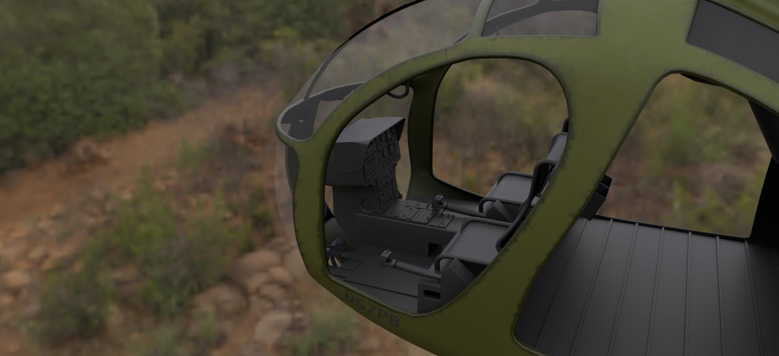 OH-6 Cayuse parked in forest with its cabin door open