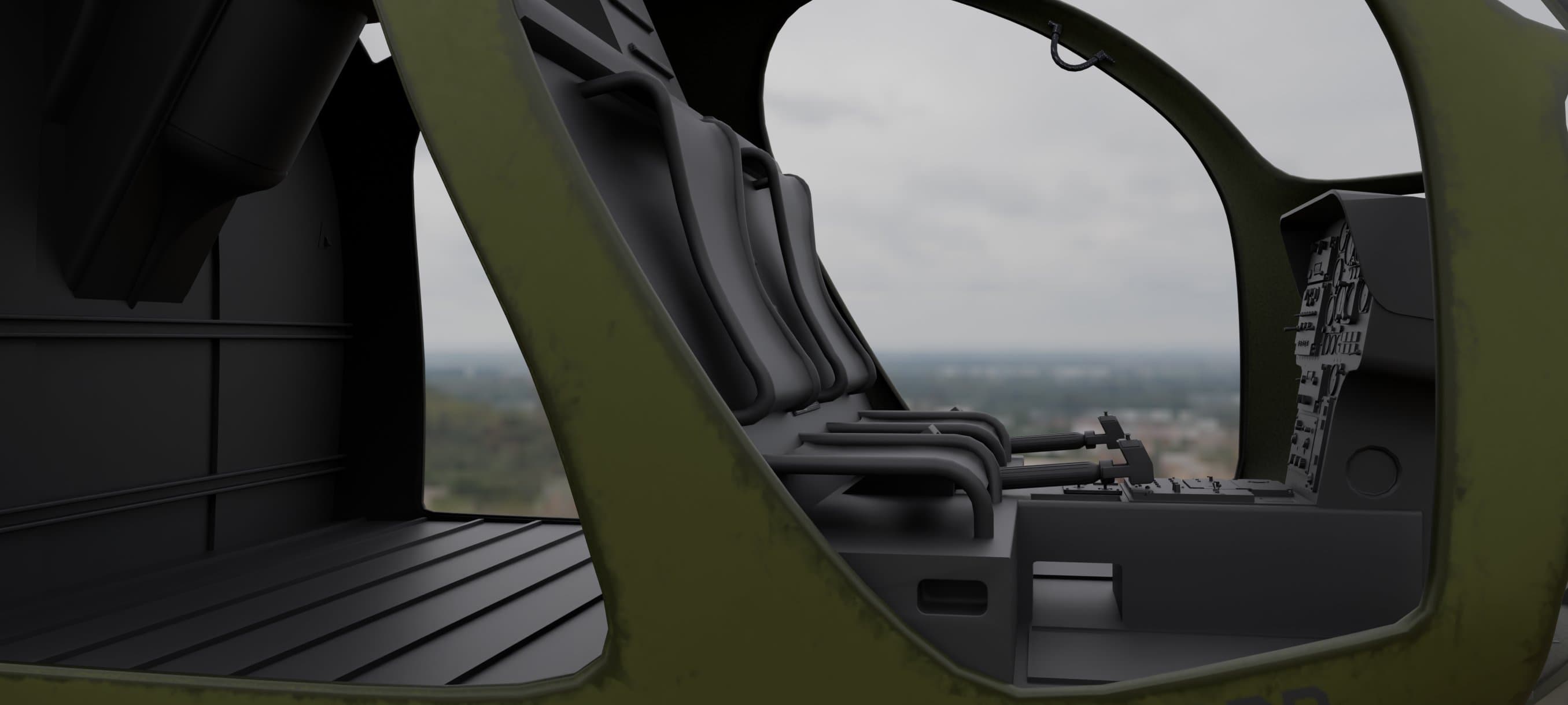 Interior of the OH-6 Cayuse showing passenger cabin and cockpit