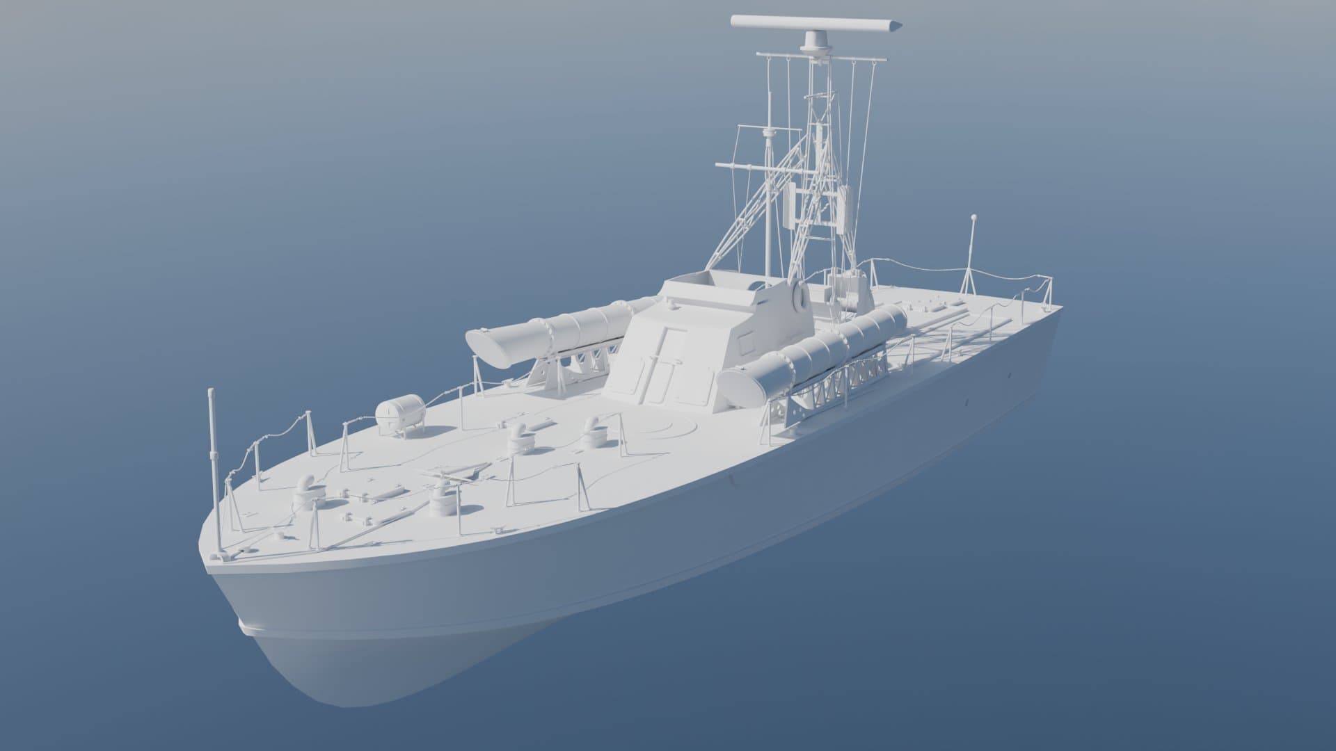 Front view of a patrol boat showing radar and torpedo tubes