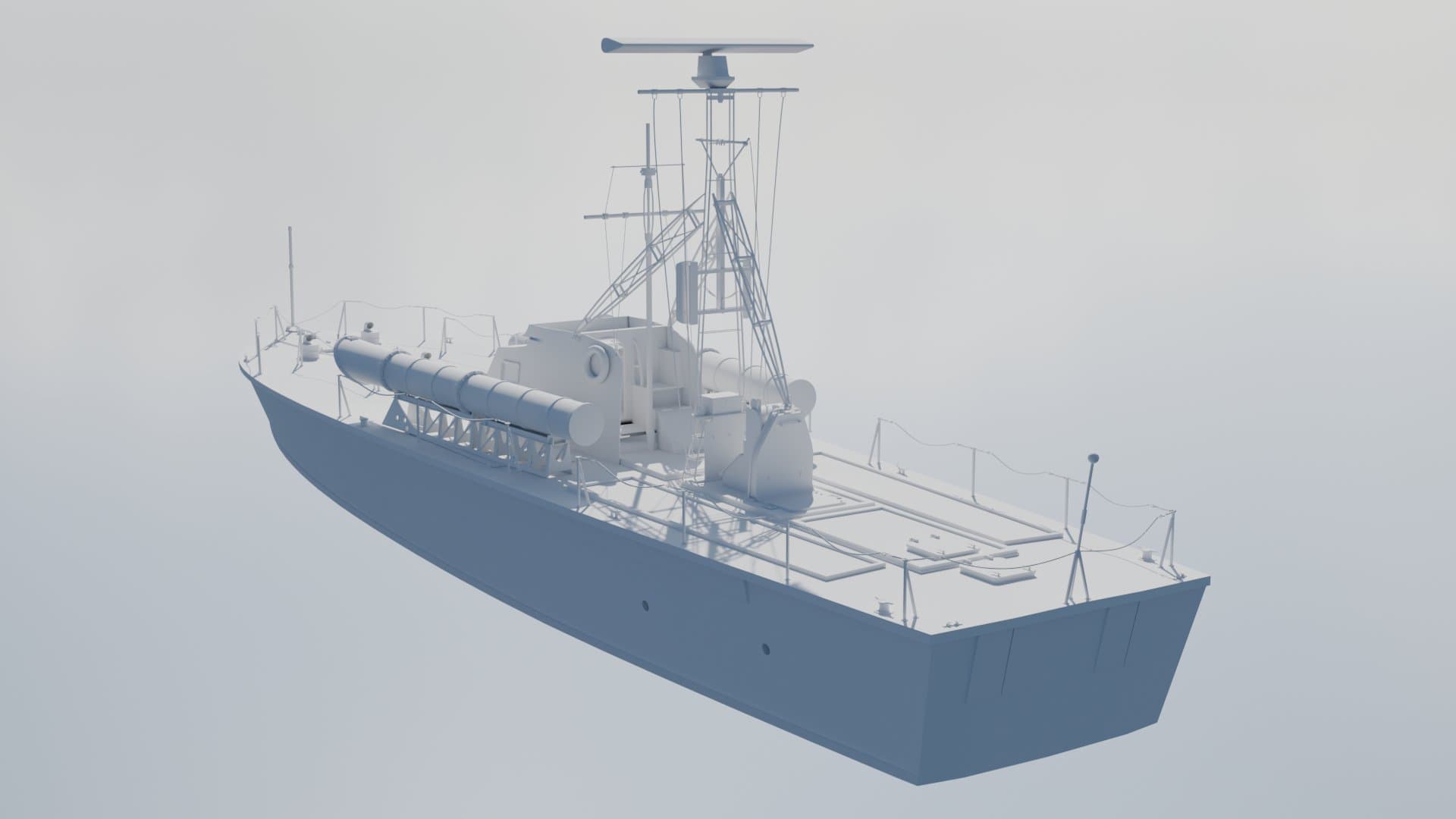 Patrol boat torpedo launcher beneath the radar mast