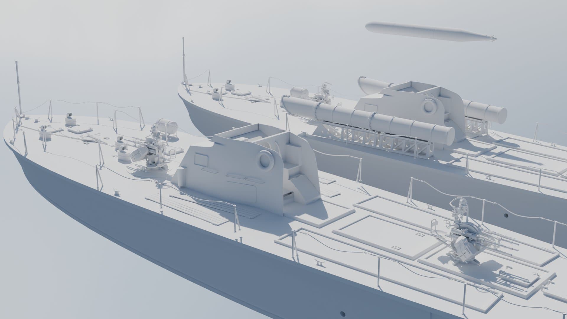 PT boat deck with torpedo tubes and mounted deck guns