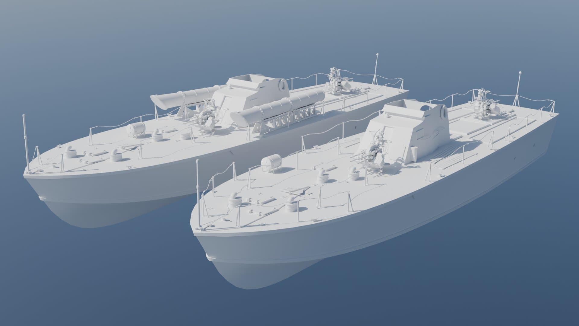 Two PT boat models shown side by side as untextured clay renders
