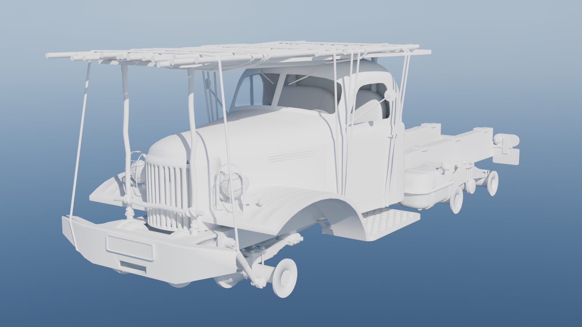Front three-quarter view of a Soviet military utility truck