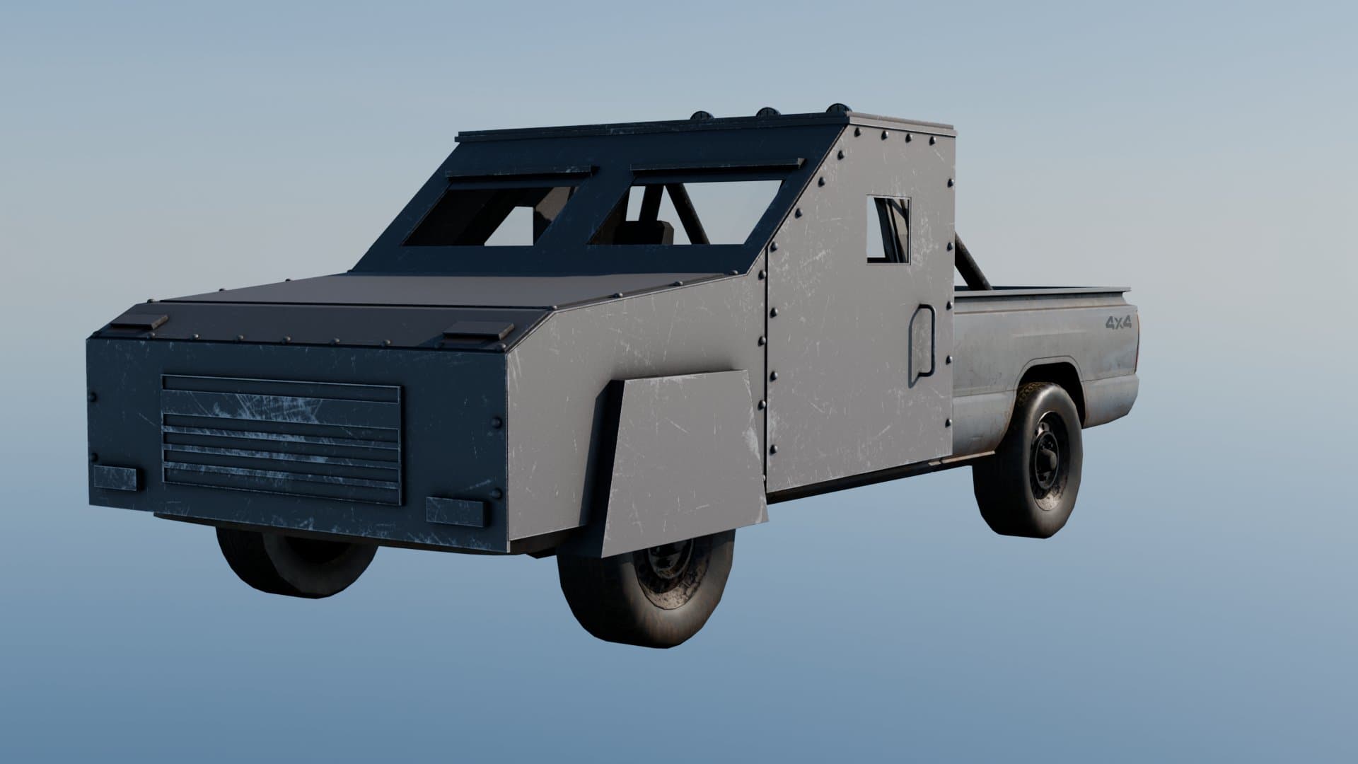 Weathered Toyota Hilux 4x4 in an armoured, improvised configuration